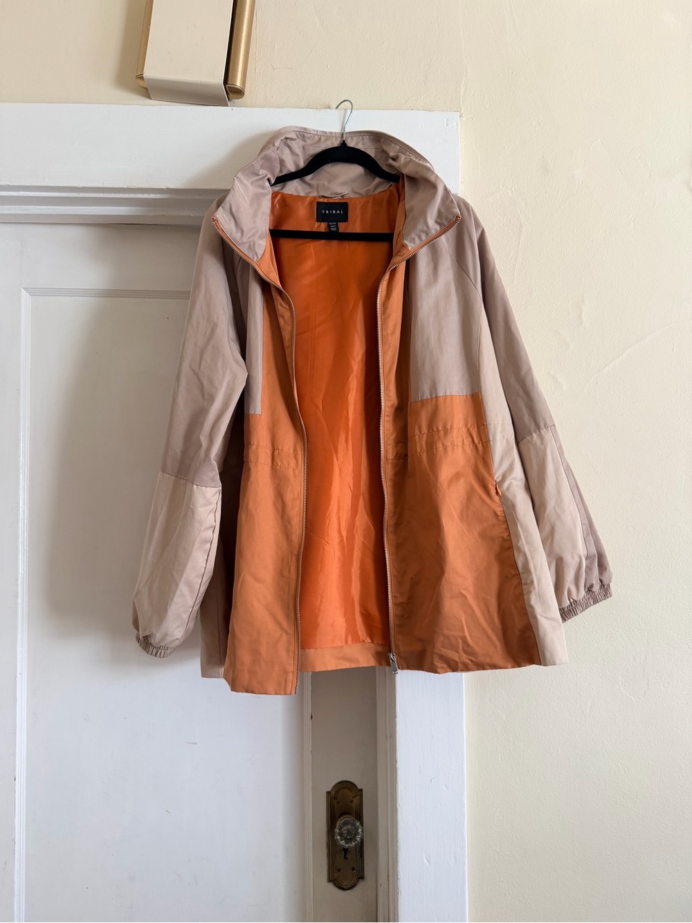 Tribal XXL Colorblock Utility Jacket Packable Hood Beige Rust